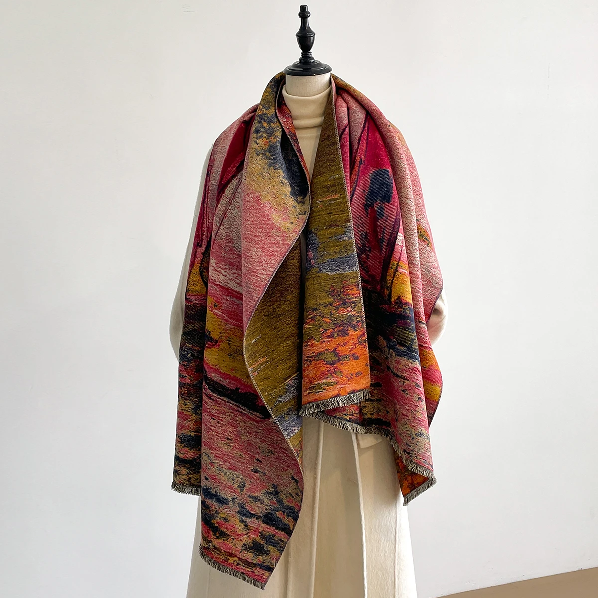 Luxury Winter Cashmere Scarf Women Design Warm Pashmina Blanket Poncho Scarves Female Oil painting Shawl Thick Foulard Bufanda