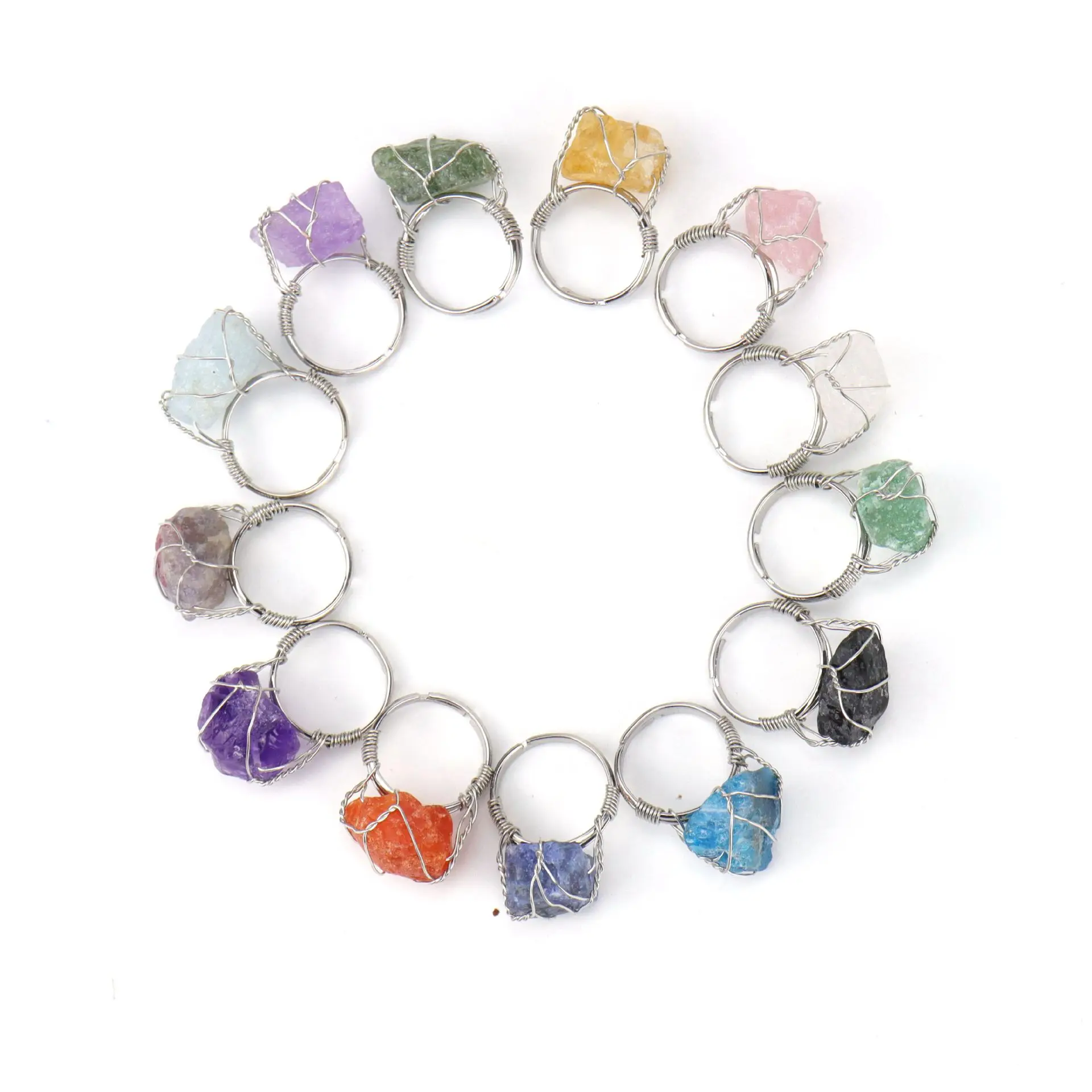

Wire Wrap Natural Raw Stone Rings Lapis Lazuli Amethysts Fluorite Pink Crystal Adjustable Ring for Women Jewelry