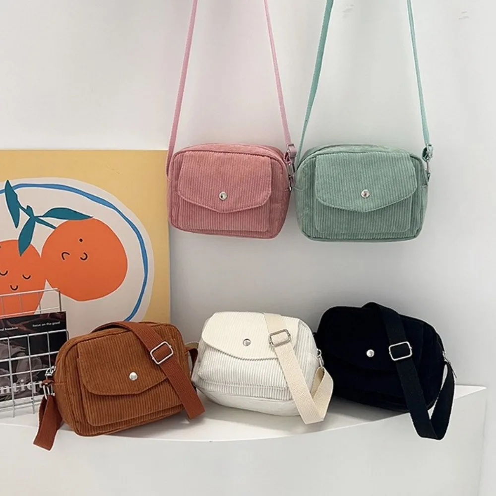 Corduroy Striped Crossbody Bag Simple Design Solid Colour Shoulder Bags Adjustable Strap Mini Coin Pouch for Women Girls