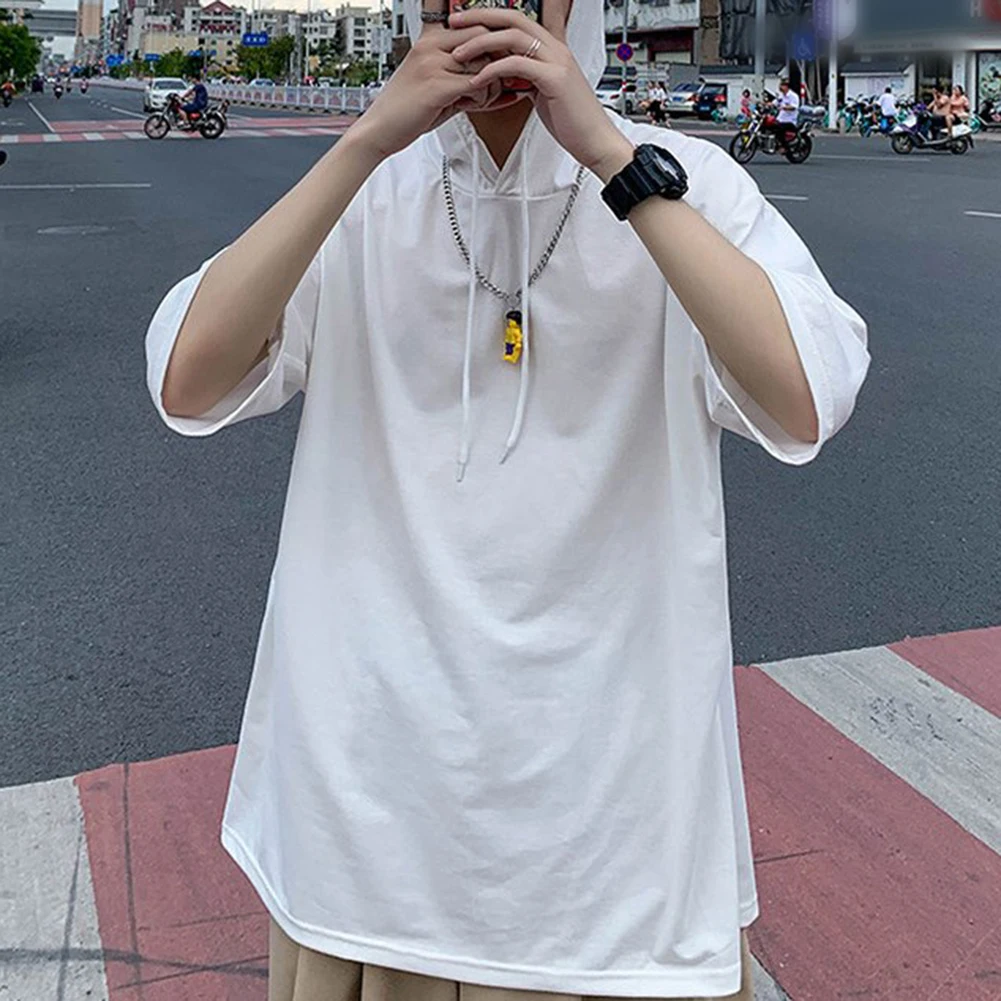 

Футболка мужская с капюшоном, Однотонная рубашка с коротким рукавом, цвет серый, полиэстер, Стильная белая, лето