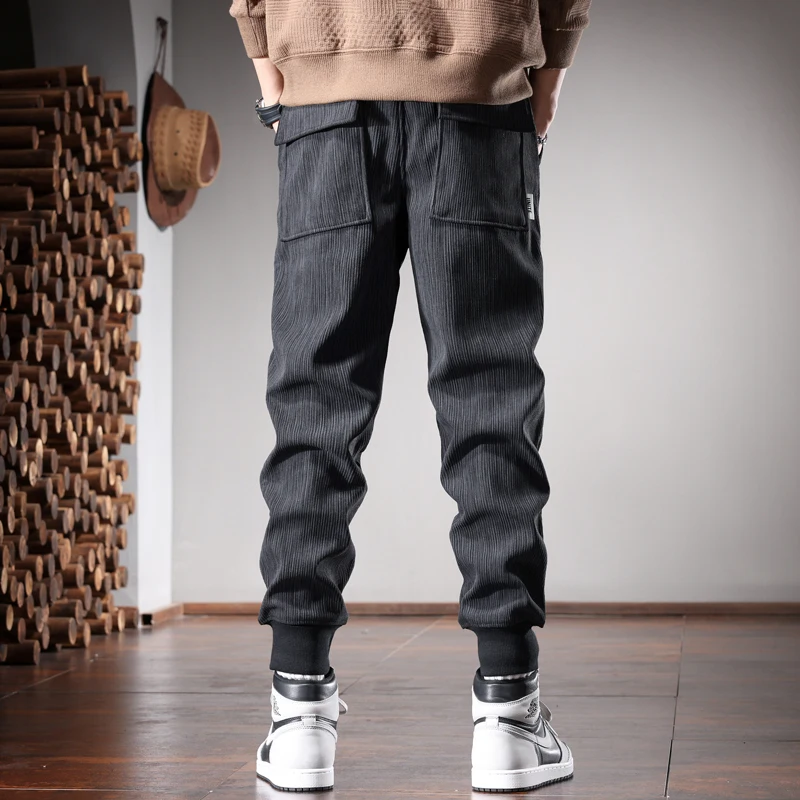 Autumn Black Stripe Pants Men Streetwear Casual Baggy Harem Pants Embroidery Sports Elastic Waist Drawstring Jogging Trousers