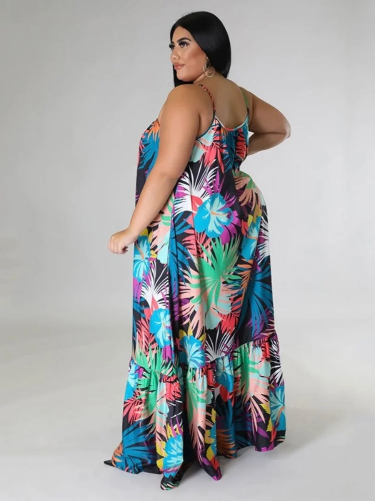 Wmstar Plus Size Dresses for Women Wholesale Flowers Print Sexy Slip Big Hem Draped Maxi Dress Sweet Style Dropshipping 2025