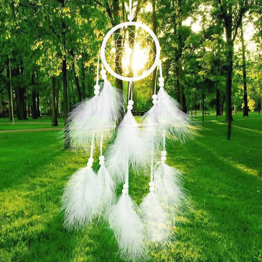 White Feather Dream Catcher Wind Chimes - Handmade Wall Hanging Decor