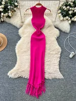 SINGREINY Vacation Tassel Knitted Dress Stretchy Bodycon Curve Solid Summer High Waist Sleeveless Sexy Beach Pencil Long Dresses - Image 3