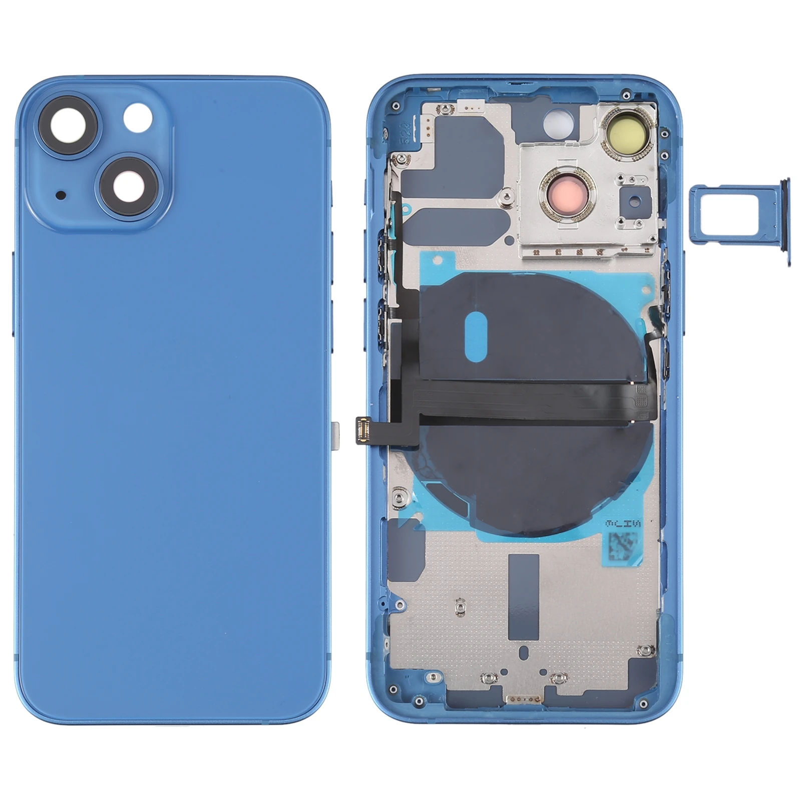 

Для iPhone 13 mini задняя крышка аккумулятора с боковыми клавишами лоток карты питания гибкий кабель беспроводной зарядки (синий)