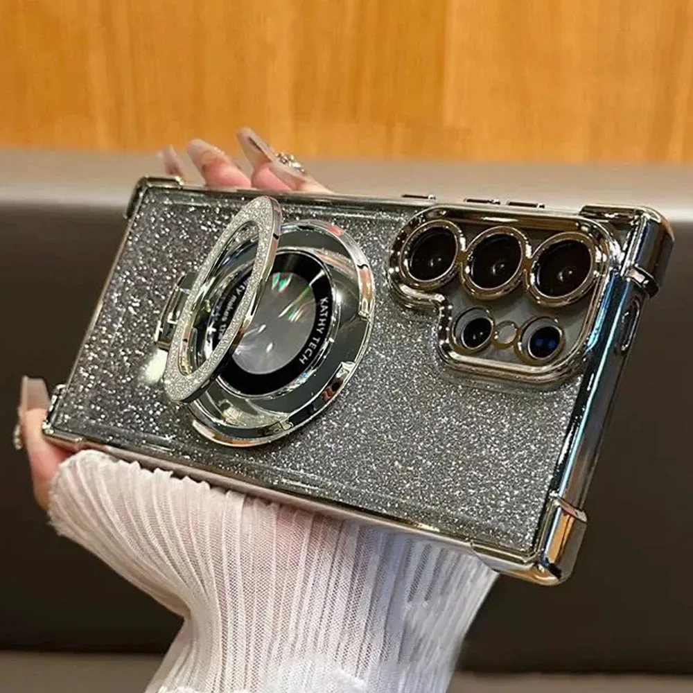 Luxury Magnetic Plating Stand Shockproof Glitter Case for Samsung Galaxy S25 Edge S24 Ultra S23 S22 Plus S21 S20 FE Clear Cover