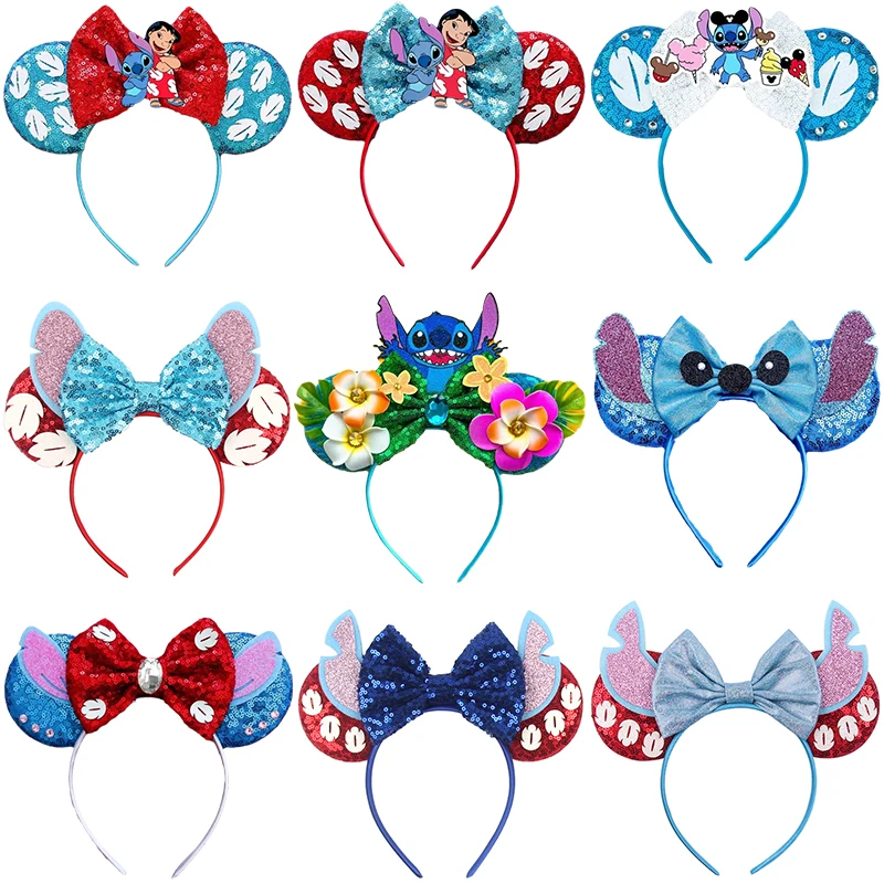 Disney Lilo & Stitch Ears Headband Sequins Bow Character For Women Hairband Girl Party Festival Travel DIY Hair Accessories Gift