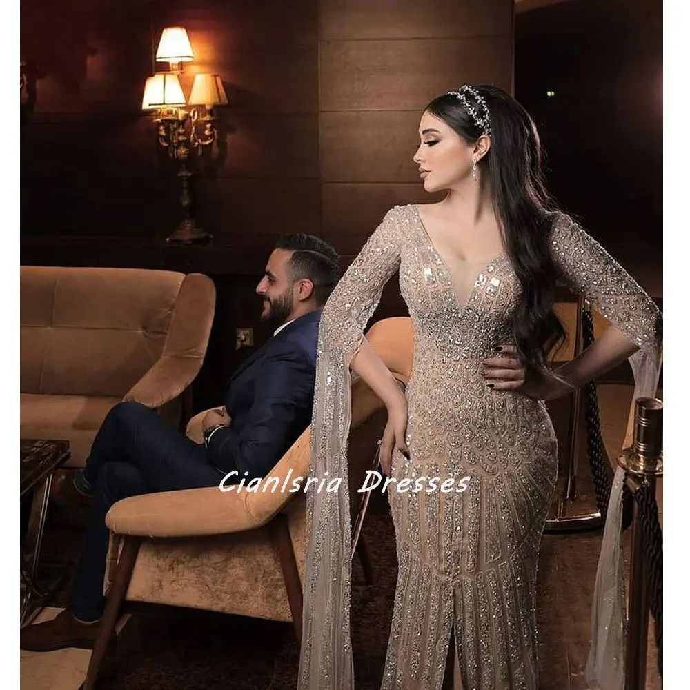 

Geometry Diamonds Crystal Mermaid Evening Dresses V-Neck Long Sleeve Ribbons Dubai Saudi Arabic Formal Party Gown
