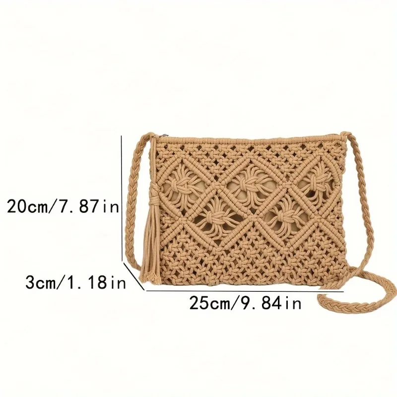 Handmade Bohemian Woven Rope Crossbody Bag with Tassel Detail, Summer Beach Clutch Shoulder Bags for Women, Geometric Design