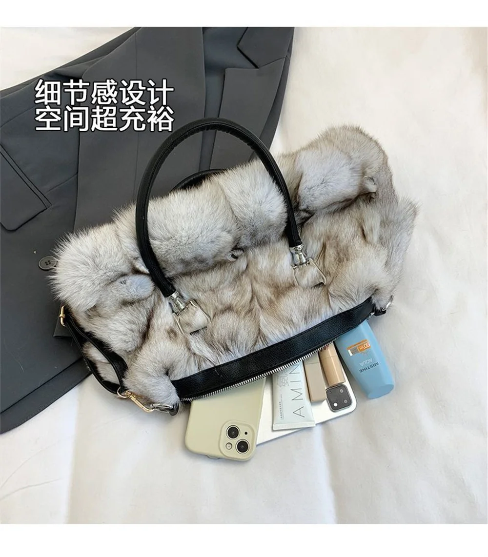 Lässige Echtleder-Fuchsfell-Tragetaschen für Damen, Große Kapazität Schultertaschen für Frauen 2026 Neue Luxus-Mode Flauschige Handtaschen – Detail 7
