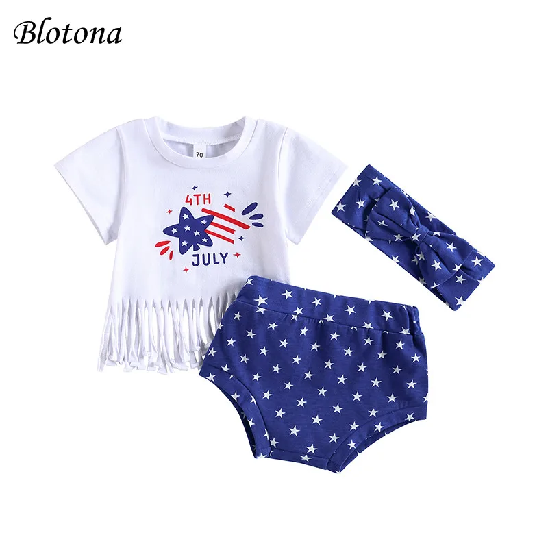 

Blotona Baby Girls Independence Day Set, Short Sleeve Letters Print T-shirt with Stars Print Shorts and Hairband 3Months-3Years