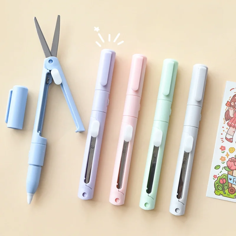 1pc Mini Portable Scissors Paper Cutter Knife 2 In 1 Multifunctional Pocket Pen Shape Scrapbooking Carving Cutting Art Tools