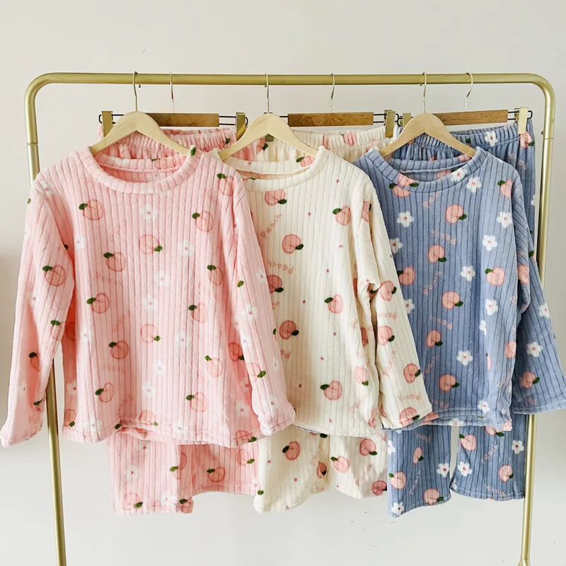 Coral Fleece Bear Print Warm Set Winter Cozy Sleepwear Cute Cartoon Girls Home Outfit Comfortable Loungewear Soft Pajamas