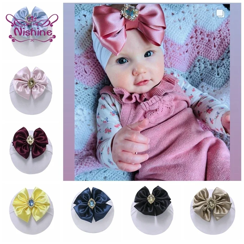 Nishine Solid Color Satin Bowknot Infant Headband with Rhinestone Baby Soft Comfortable Elastic Nylon Headwraps Kids Accessories