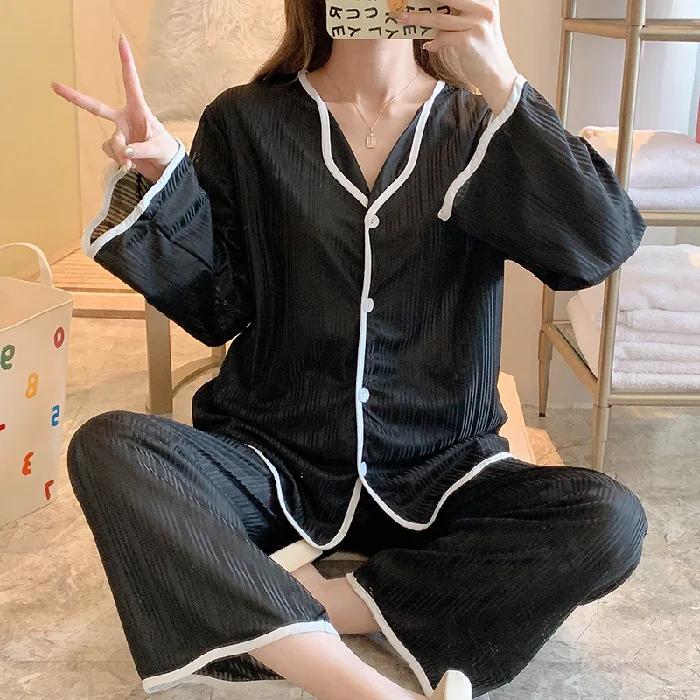 بدلة نسائية بسيطة فضفاضة بحافة سحب ، بيجامات بنطال...