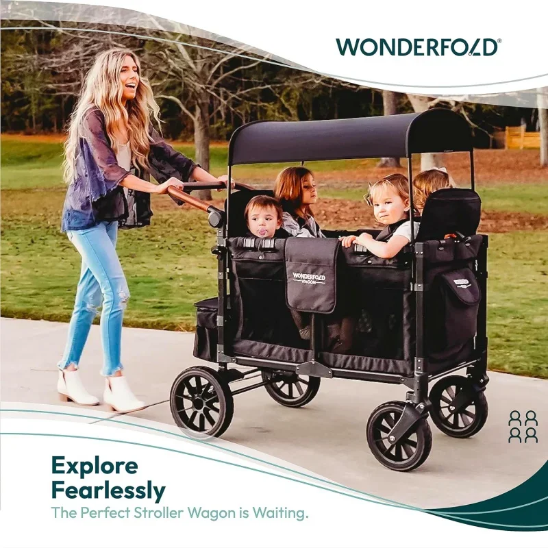 WONDERFOLD W4Quad Stroller Wagon Featuring 4 High Face-to-Face Seats with Magnetic Buckle 5-Point Harnesses and Adjustable