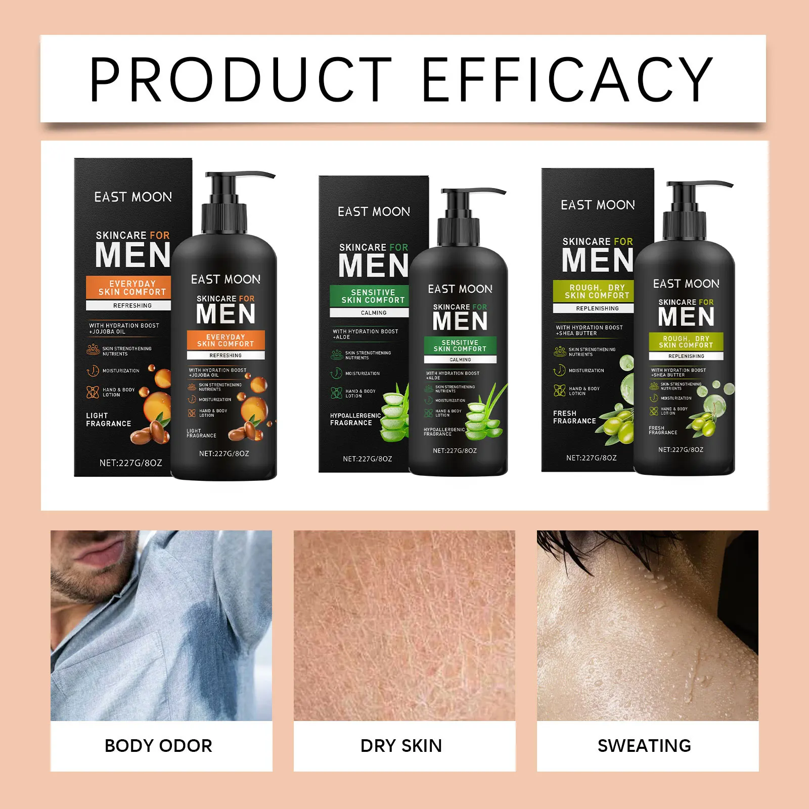 East Moon Serie di lozioni per il corpo da uomo Idratare a secco Migliora il controllo dell'olio cadente Fragranza duratura Illumina la pelle Creme nutrienti 5