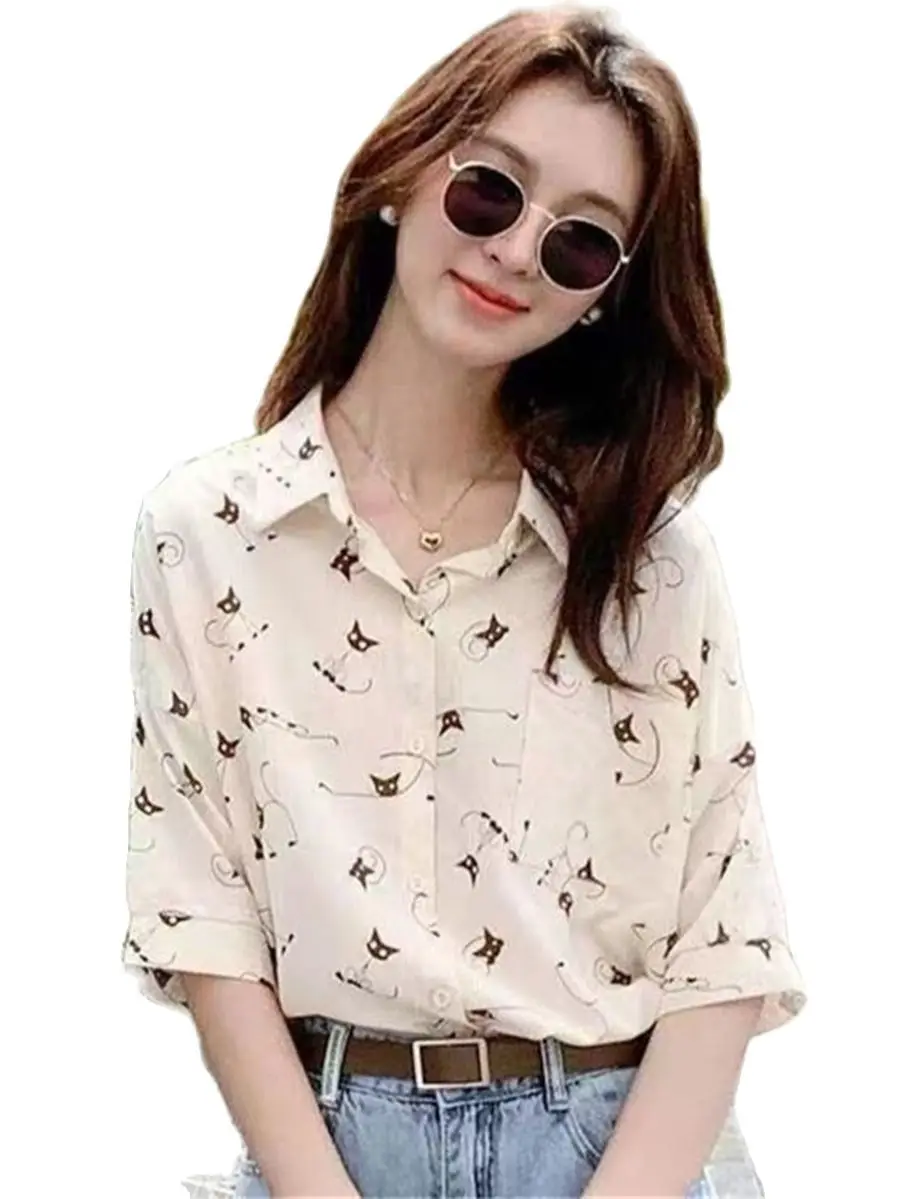

Woman Summer Style Blouses Tops Lady Casual Turn-down Collar Short Sleeve Cat Printed Blusas Tops DF4538