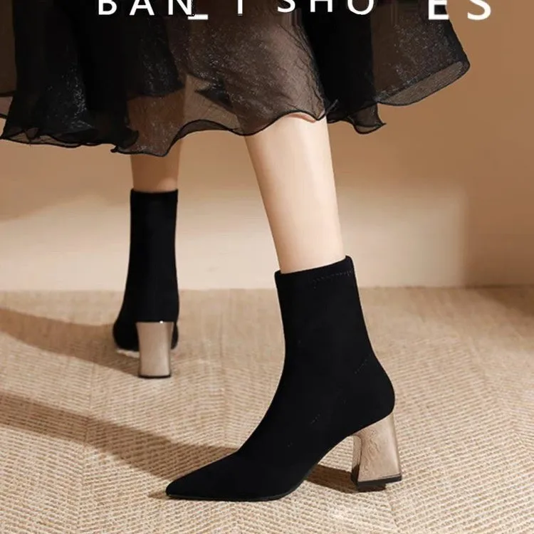 2025 New Solid Flock Ankle Boots Women Shoes Woman Pointed Toe Stretchy Square High Heels Black Fashion Sock Short Boots
