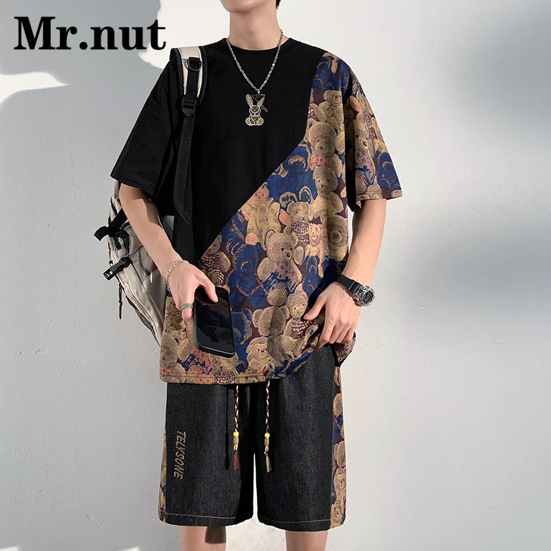 

Mr.nut Little Bear Pattern Unisex Sport T Shirt Two Piece Set Summer Loose Vacation Clothes Suit Youth Fashion Casual Streetwear