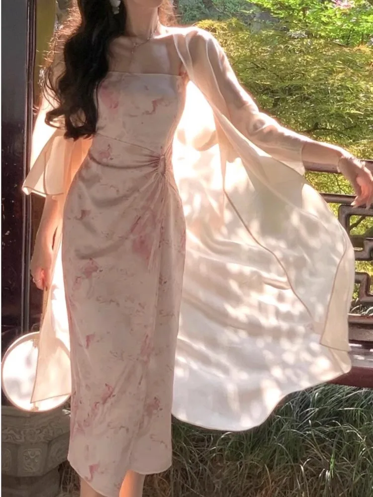 

Women Elegant Vintage Spaghetti Strap Midi Dresses Summer New Birthday Evering Party Robe OL Backless Bandage Clothes
