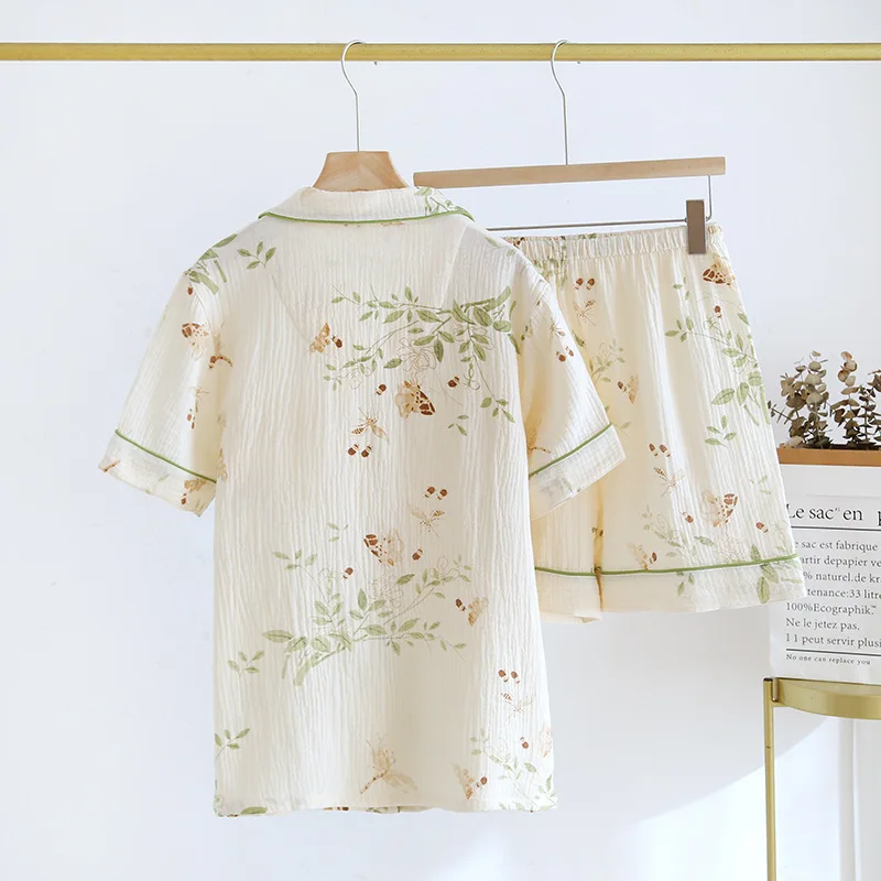 2024 Japanese New Summer Women's Pajama Set 100% Cotton Crepe Short Sleeve Shorts Two Piece Sweet Japanese Home Fury Ladies