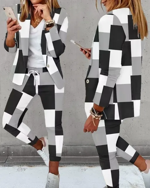 Set Donna 2 Pezzi Blazer E Pantaloni A Righe - Abito Ufficio Elegante Primaverile - Foto 6