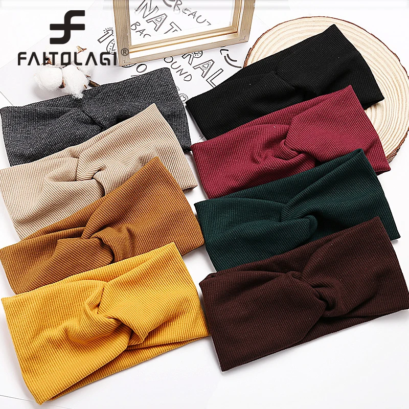 Spring Autumn Women Twist Knitted Headband Soft Solid Color Wide Turban Elastic Hair Bands Cotton Hairband Accessories Headwrap