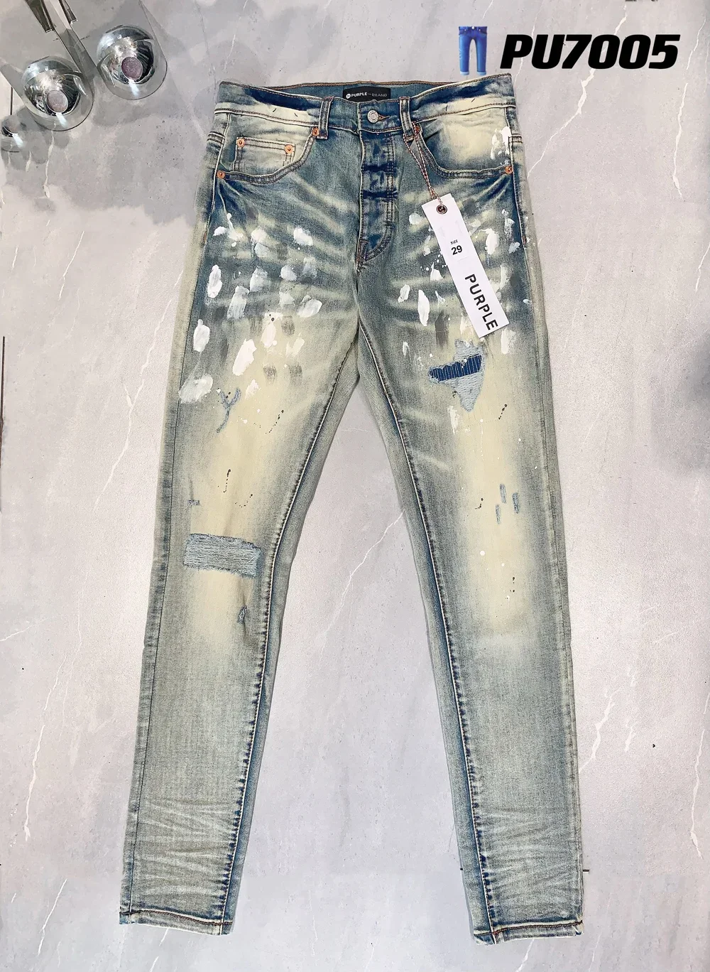 

Arrival Purple Men's High Street Light Blue Denim Slim Fit Paint Graffiti Pattern Damaged Hole Stretch Ripped Brand Jeans