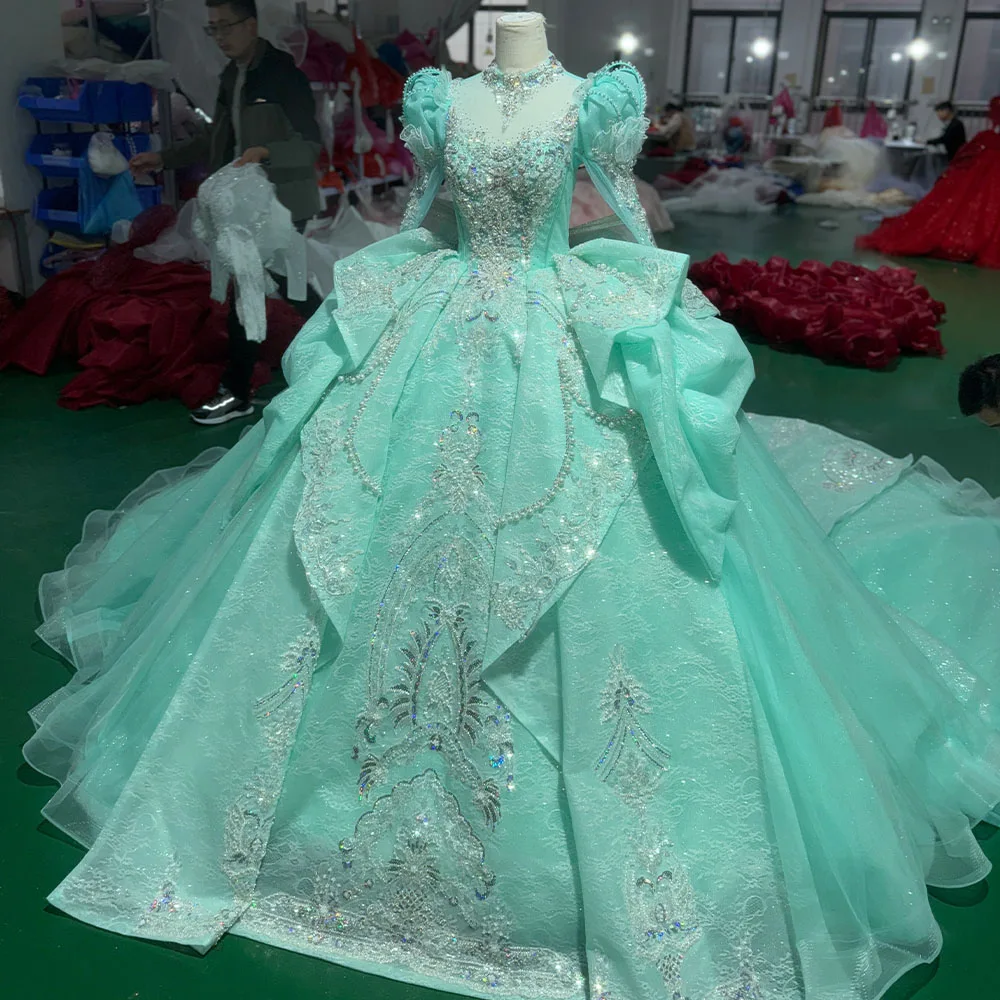 Romantic High Neck Green Shiny Quinceanera Dress Party Gown Customized 