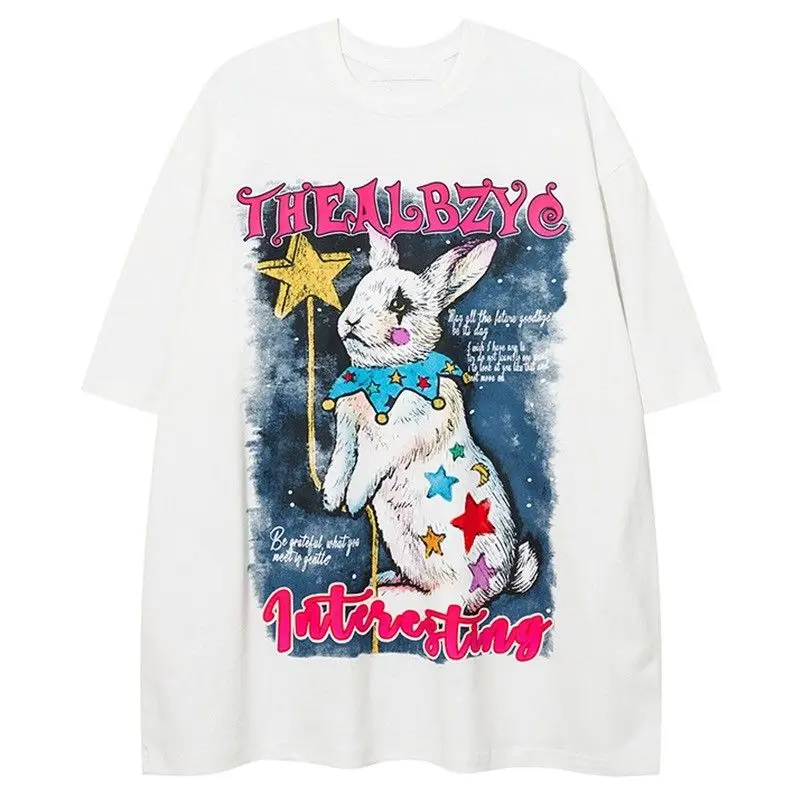 

American Style Retro Joker Star Rabbit Printed T-shirt Men and Women Summer Fashion Trend Streetwear Couple short sleeved Top