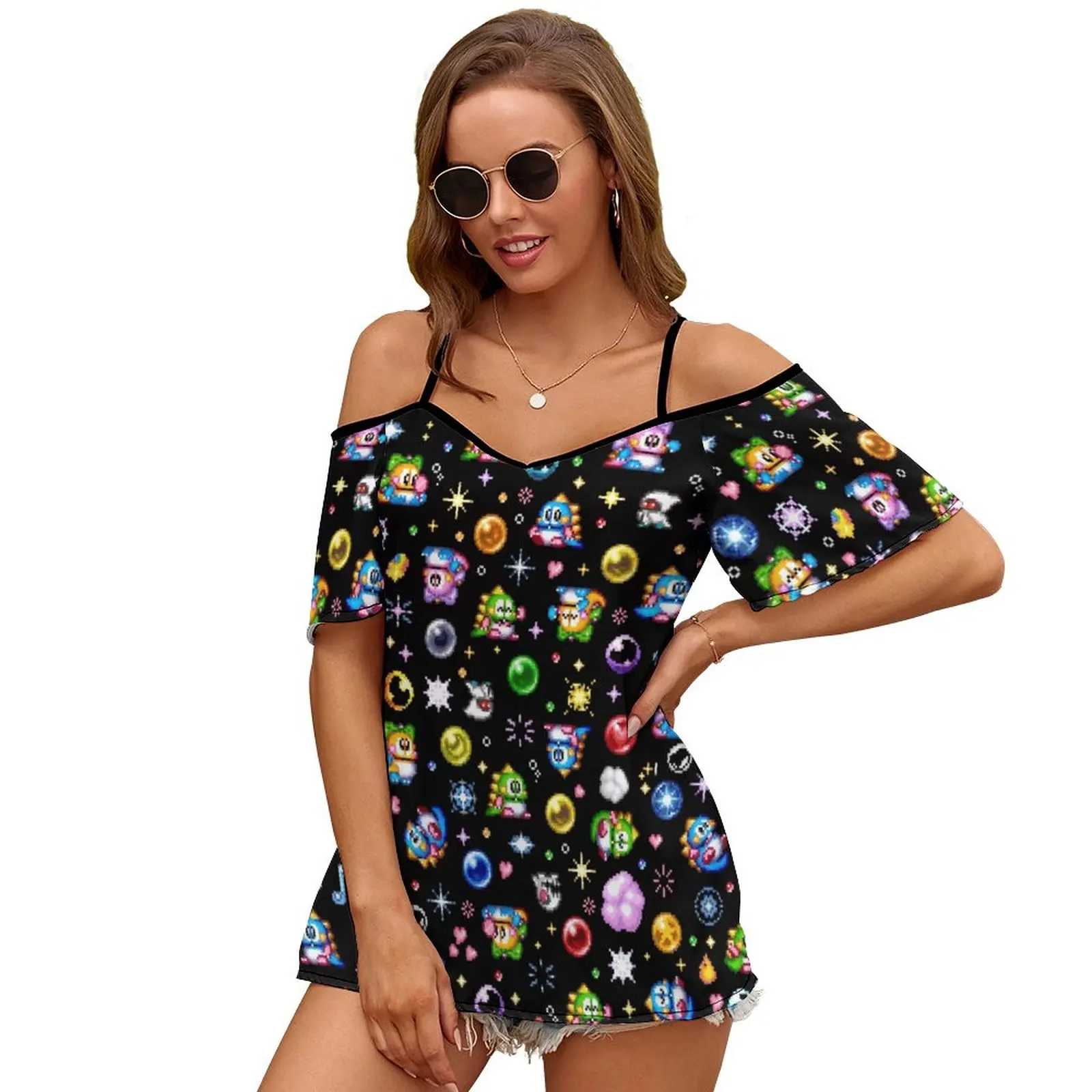 Bubble Bobble-Black 2136 T-Shirt Con Stampa Da Donna Casual Off Spalla Pullover Allentato Top Abiti Di Moda Bubble Bobble Puzzle