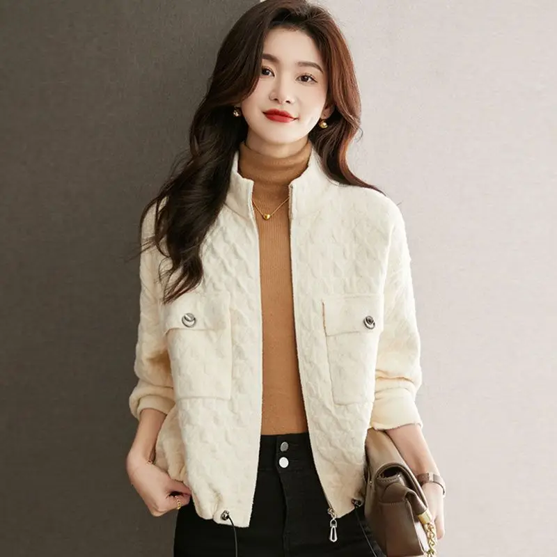 

Early Spring Stand Collar Short Jacket Women Spring New High Sense Solid Color Baggy Outcoat Simple Casual Versatile Outerwear