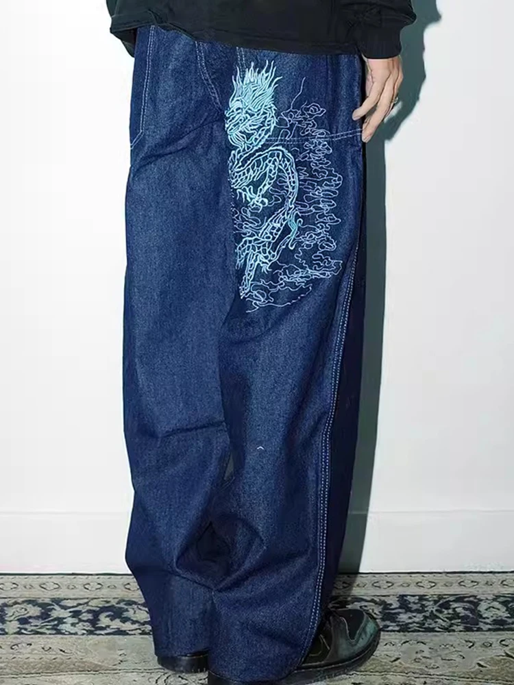 REDDACHIC Men's Dragon Embroidery Baggy Jeans 90s Skater Hiphop High Waist Loose Casual Wide Leg Pants Y2k Vintage Streetwear 2