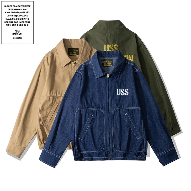 

OKONKWO Men's Letter Embroidered Travel Jacket TOUR JACKET Outdoor Trekking Hiking Climbing Riding Hunting Sports Denim Ski Coat