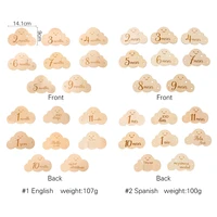 English&Spanish Wooden Baby Milestone Number Month Memorial Cards Items  Cute Cloud Shape Newborn Photography Accessories Props 4