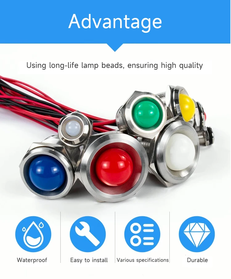 Description Picture 3 of item5pcs 6/8/10/12mm LED Metal Indicator light waterproof Signal lamp 3v 6V 12V 24V 220v with wire red yellow blue green white