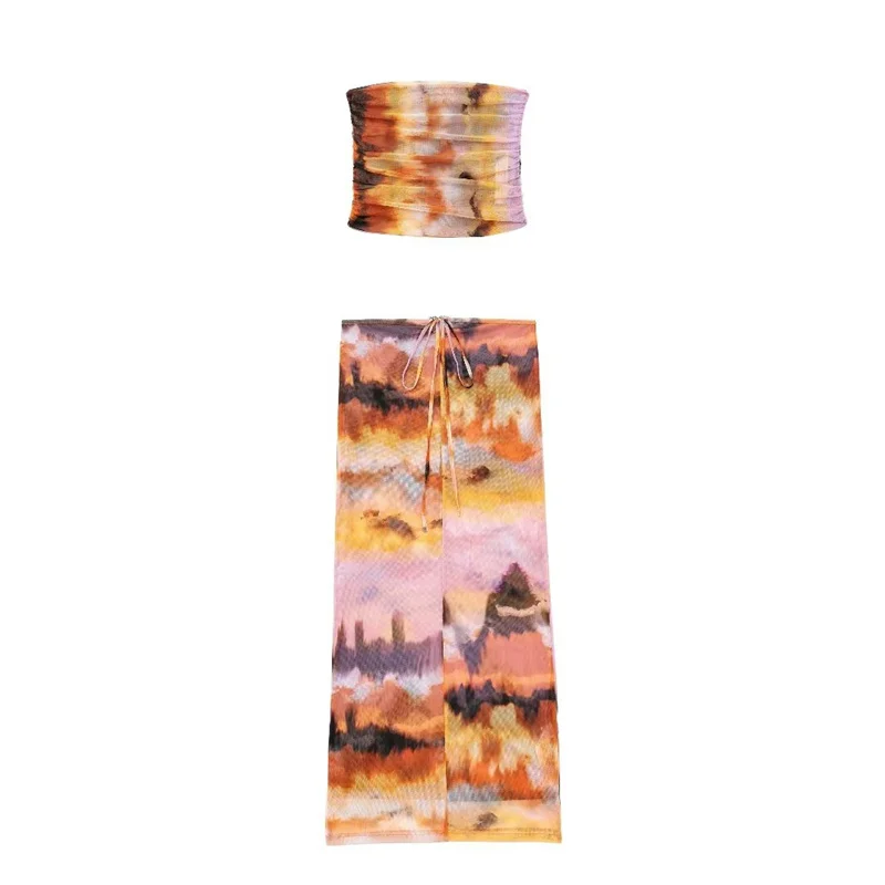 

Woman Orange Irregular Print Mesh Crop Tops 2023 Summer Female Slim Elastic Tie-dye Midi Skirt Vintage Strapless Short Tank