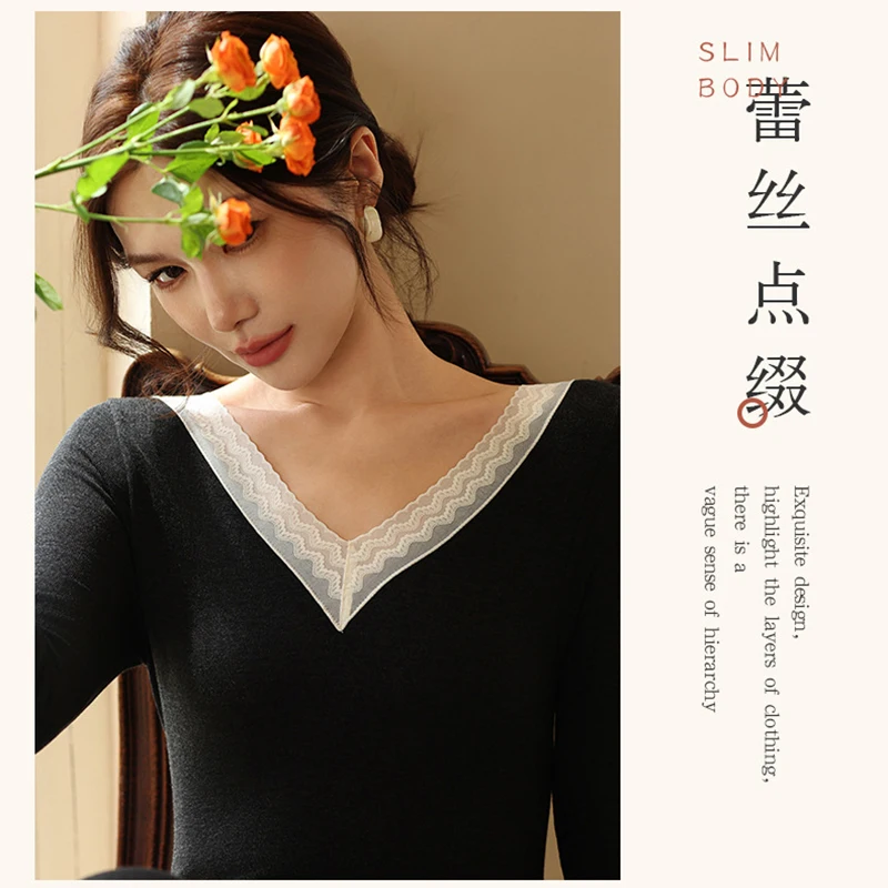 Thermal Underwear Set Sexy Lace Woman Winter Clothing Wool Cotton V-neck Seamless Thin Warm Tops Pants Leggings Thermo Underwear - 3