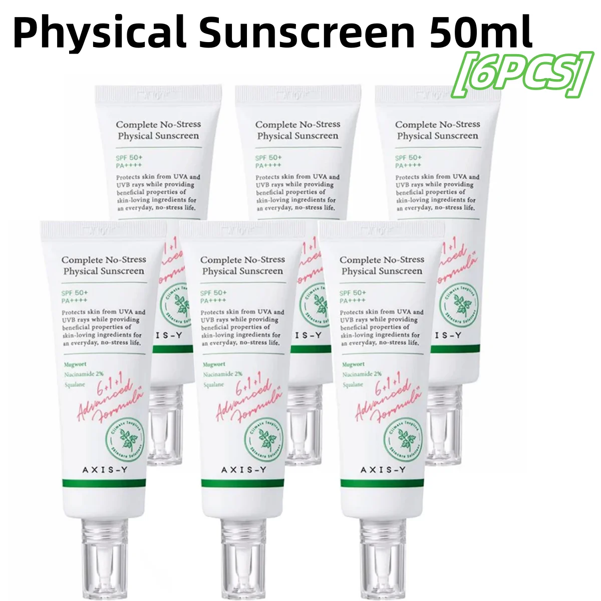 

6PCS AXIS-Y Complete No-Stress Physical Sunscreen 50ml SPF50+PA++++ Moisturizing Whitening Waterproof Skincare Refreshing Water