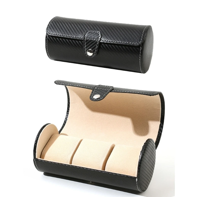 

Compact Carbon Fiber Watch Case Portable 3Slot Round Cylinder Watch Holder Convenient Watch Jewelry Storage Wholesale