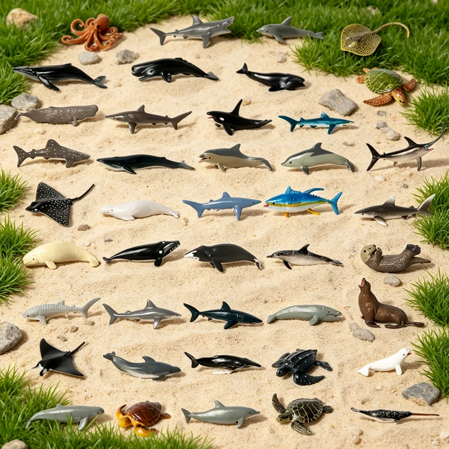 Realistic Mini Sea Animal Figures Dolphin Sharks Whales Octopus Turtle Stingray Ocean Animals Figurine Cake Topper Kid Toy Gift