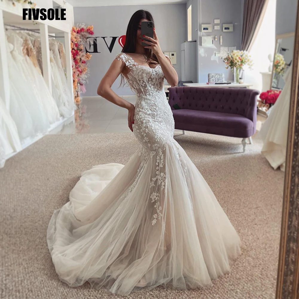 

Fivsole Elegant Boho Tulle Mermaid Wedding Dress Sweetheart Straps Lace Appliques Bridal Gowns Court Train Vestidos De Fiesta