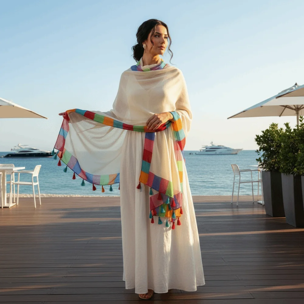 Sciarpa in Pashmina con Frange e Bordo Arcobaleno, in Lino, Color Block, Leggera, da Spiaggia, con Nappe, Traspirante, Protezione Solare, Sarong Donna - immagine 3