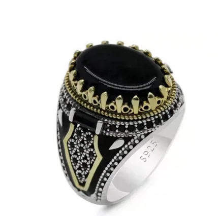 Turkish Handmade Silver Men Rings Vintage Carved Eagle Pattern Black Zircon Stone Punk Muslim Jewelry