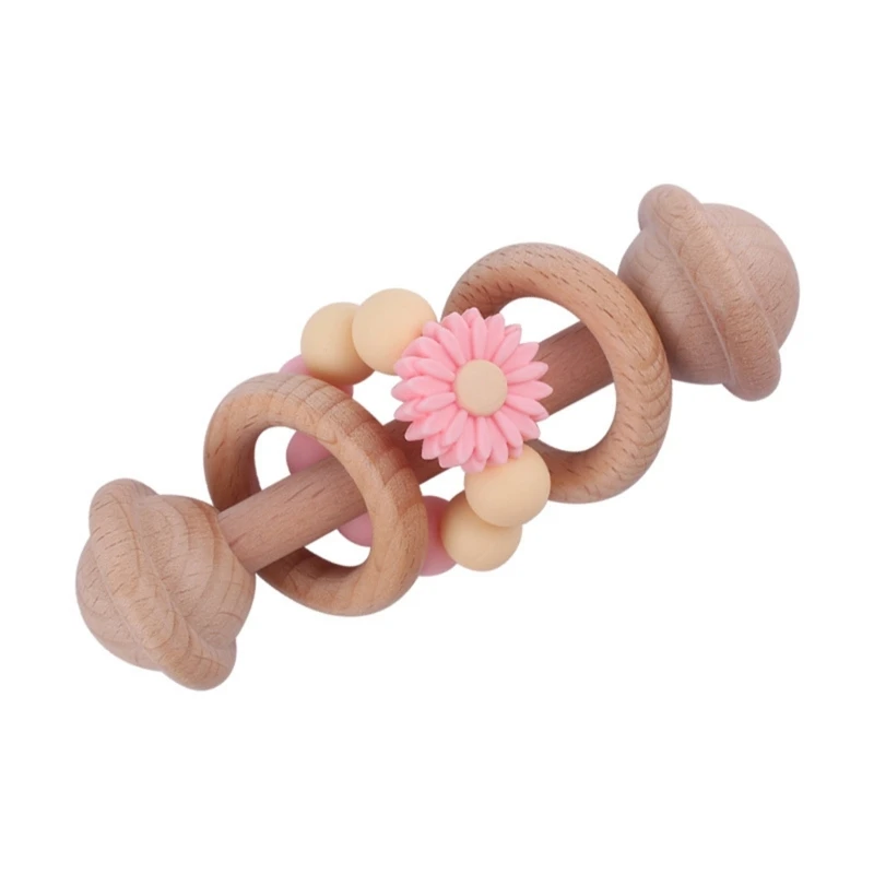 

N80C Silicone Flower Bead Woods Rattle Baby Toy Grasping Toy Woods Silicone Rattle Educational Toy Oral Sensory Plays