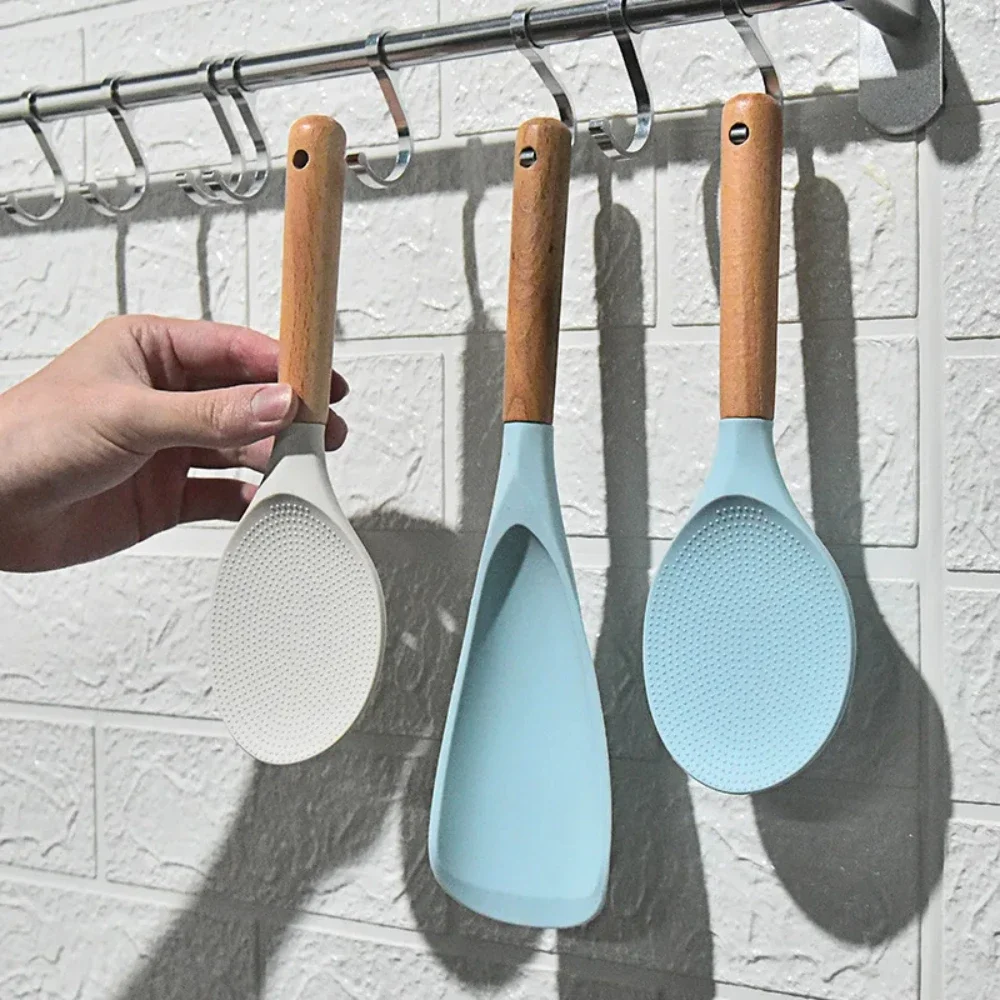 Silicone Rice Shovel Spoon Kitchenware with Long Wooden Handle Household Non-stick Big Cooking Spatula Scoop Kitchen Gadgets