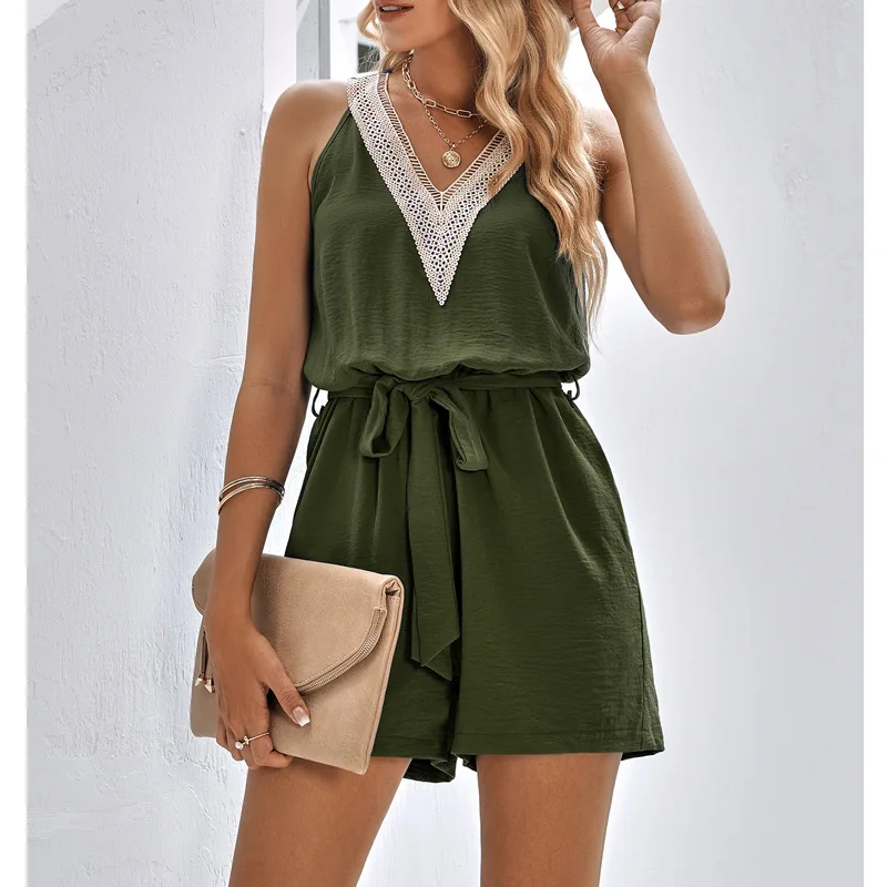 Women's Summer Fashion Sexy Hollow Lace Patchwork Bandage Elegant Jumpsuit Casual V-neck Sleeveless Playsuit Beach Romper Shorts