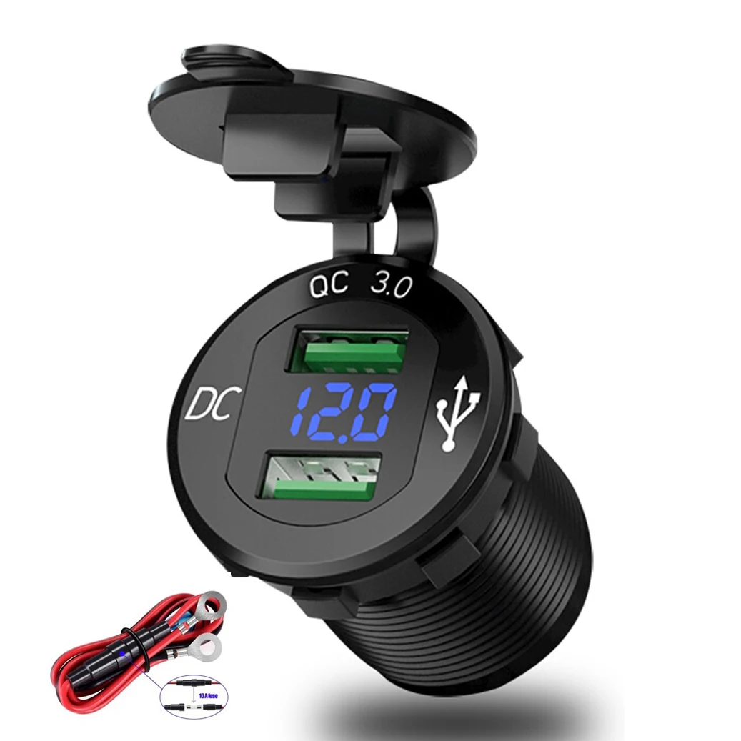 QC 3.0 Auto-USB-Steckdose 12 V/24 V, Quick Charge 3.0 Auto-Ladegerät,  integrierte Steckdose, wasserdichter Zigarettenanzünder-Adapter mit  Schalter, LED-Voltmeter, Spannungsanzeige für Motorrad, Boot