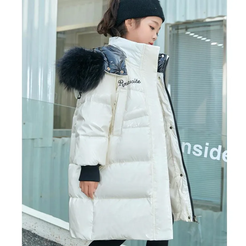 

2022 Winter New Children's Padded Warm Glossy Waterproof Coat Hooded Real Fur Collar Girls Down Jacket Kids Overcoat A1873